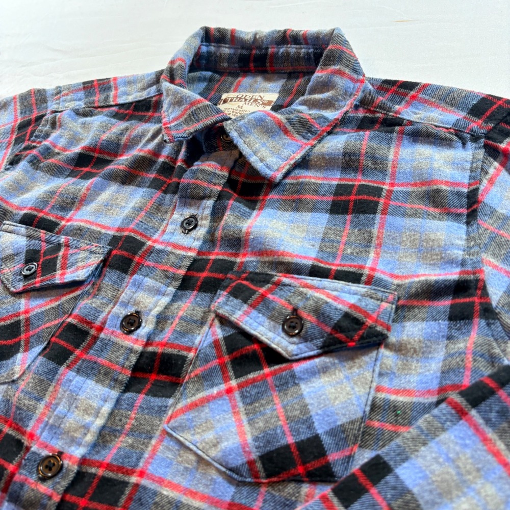Open Trails Mens Flannel Shirt Medium Blue Red Black Plaid Cotton Button Up